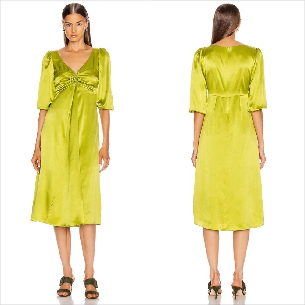 Cinq a Sept Zosia Silk Dress Size 12 Peridot Chartreuse V-Neck 3/4 Puff Sleeve